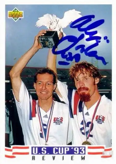 Autographed U.S. Cup '93 soccer card featuring two players with medals and trophy