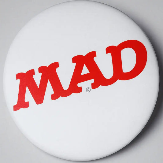 White button with bold red MAD logo, collectible memorabilia at AutographsForSale.com