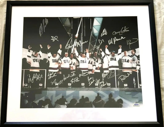 Framed Miracle on Ice USA hockey team photo with multiple autographs, signed memorabilia