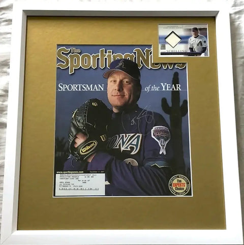Curt Schilling signed Diamondbacks 2001 Sporting News cover framed jersey card JSA - AutographsForSale.com