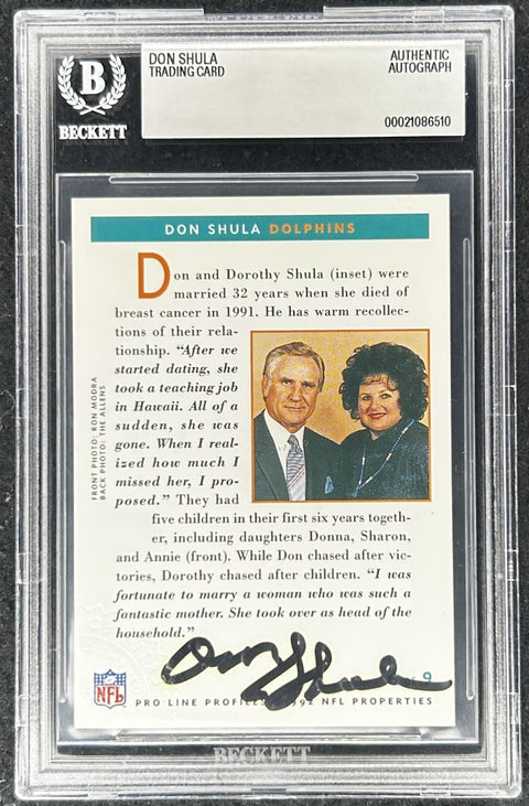 Don Shula certified autograph Dolphins 1992 Pro Line card #6 BAS slab - AutographsForSale.com
