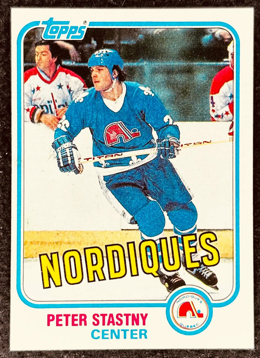 Peter Stastny rookie hockey card, Quebec Nordiques, NHL center in blue jersey, Topps