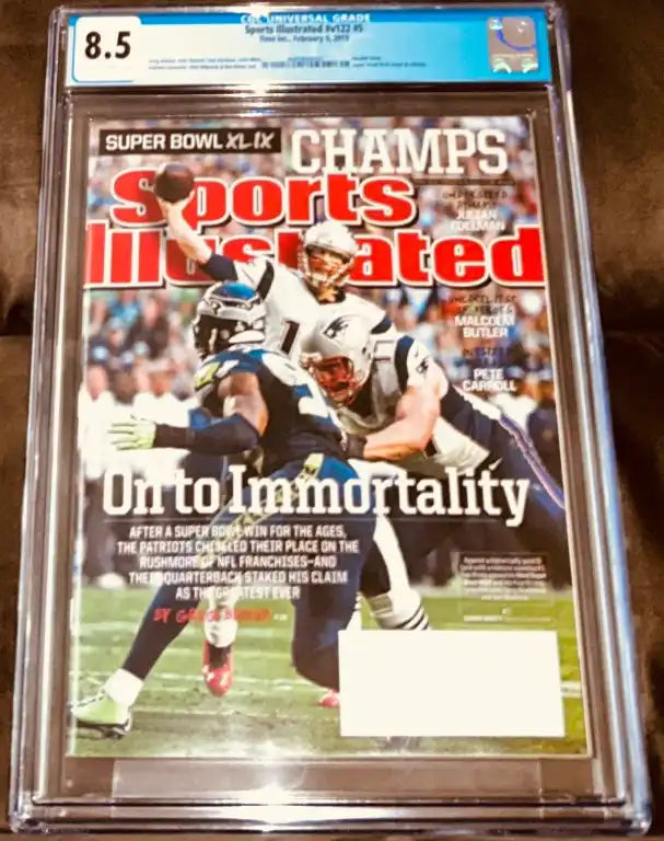 Graded Sports Illustrated Super Bowl XLIX cover featuring Patriots QB Tom Brady, signed memorabilia collectible