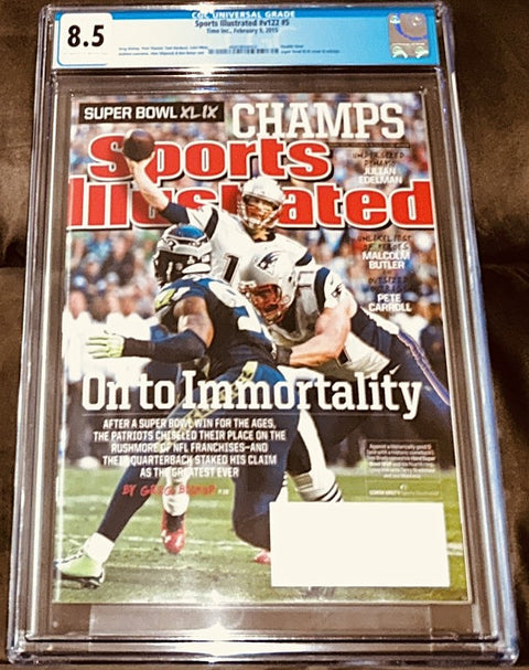 Tom Brady Patriots 2015 Sports Illustrated CGC 8.5 Super Bowl 49 - AutographsForSale.com