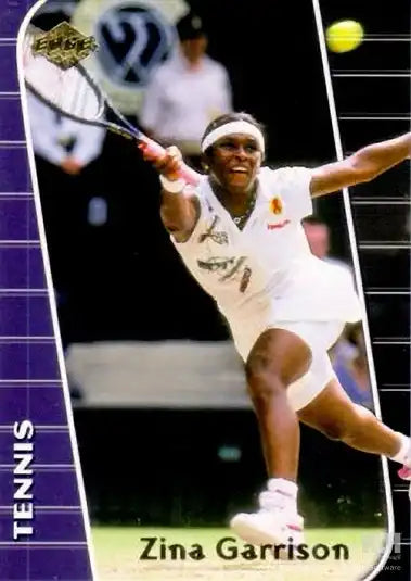 Zina Garrison tennis trading card, action shot on court in white outfit, swinging racket