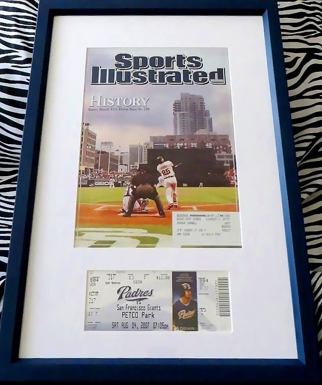 Barry Bonds Home Run 755 Ties Hank Aaron game ticket custom framed with Sports Illustrated cover