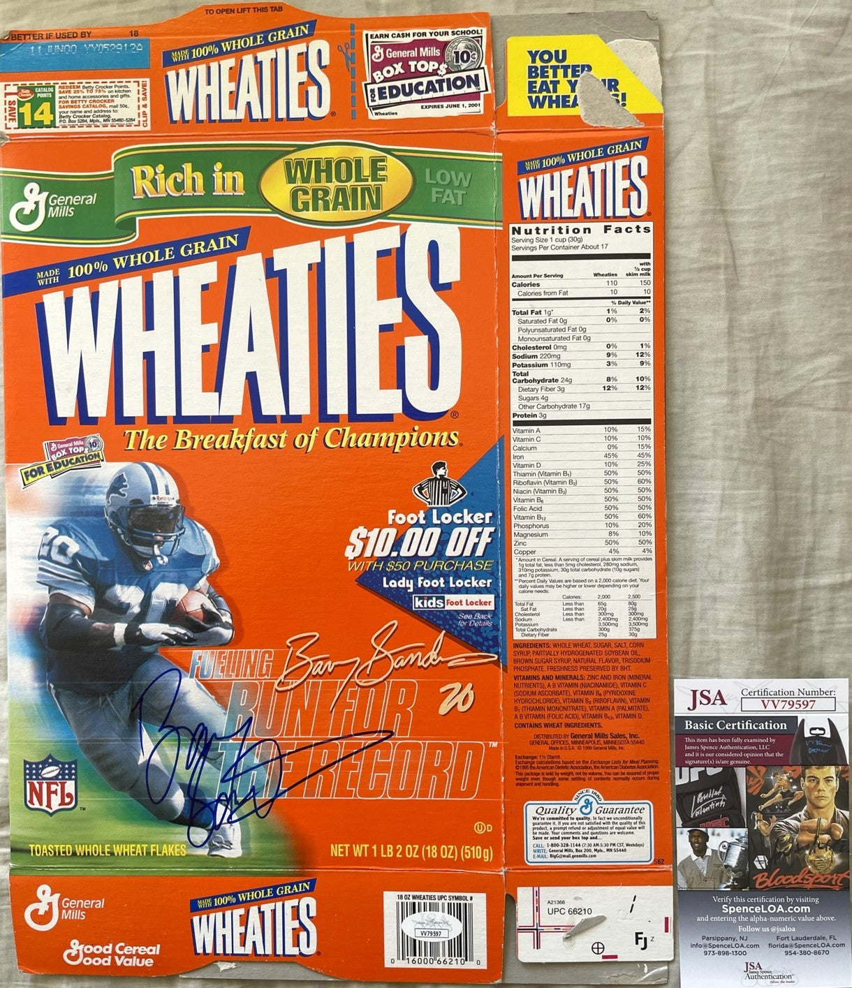Barry Sanders autographed Detroit Lions 1999 Run for the Record Wheaties cereal box JSA