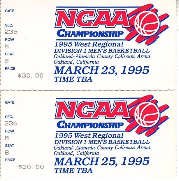 1995 NCAA Tournament West Regional Semifinals and Final ticket stubs (UCLA advances to Final 4)