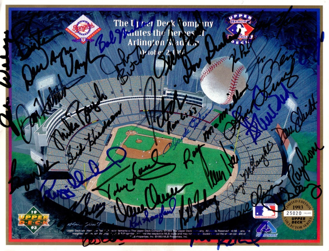 1993 Upper Deck card sheet autographed by 34 Texas Rangers Heroes Toby Harrah Pete O'Brien Jim Sundberg