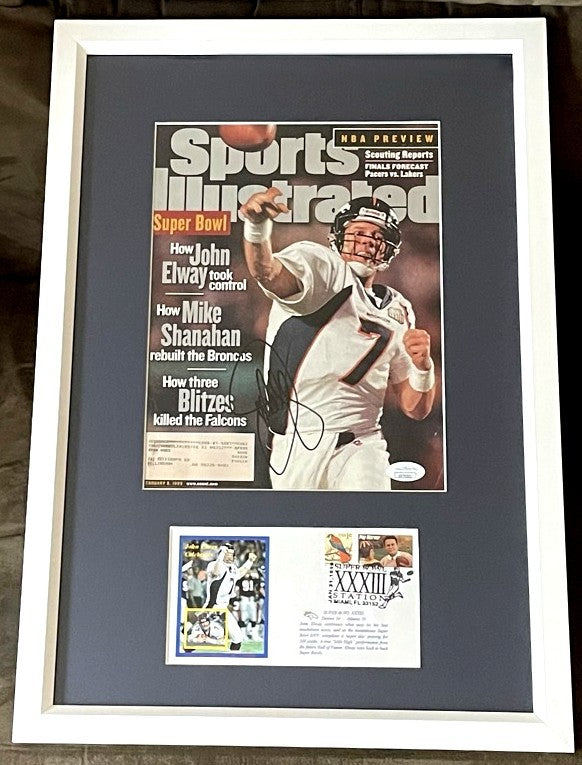 John Elway autographed Denver Broncos Super Bowl 33 Sports Illustrated cover custom framed with cachet JSA