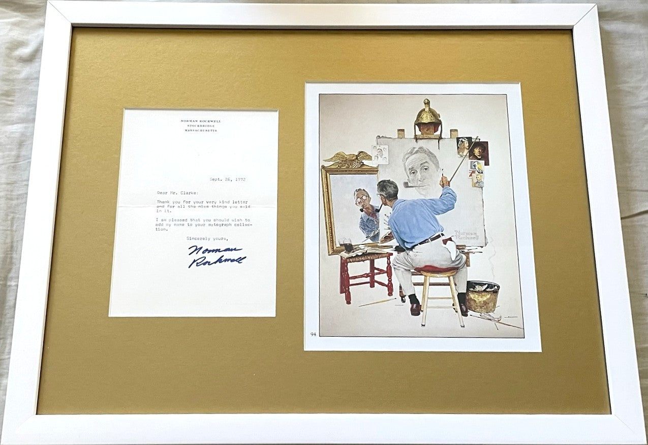 Norman Rockwell autographed 1972 letter custom framed with 8x10 self portrait print (JSA)