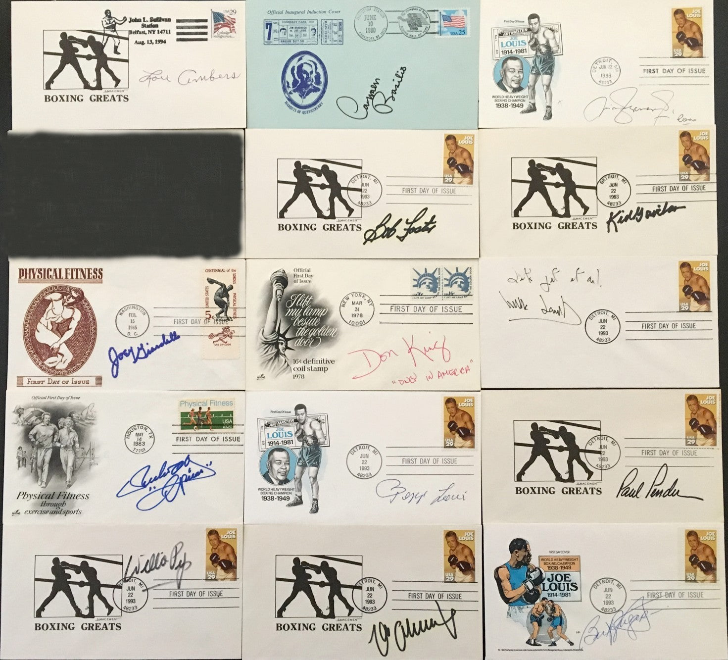 14 boxing Hall of Famers autographed cachet envelopes (Don King Willie Pep Max Schmeling)
