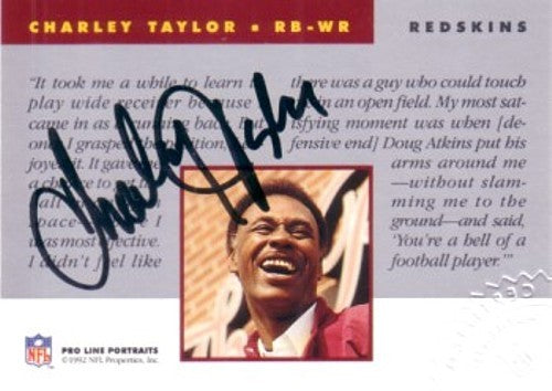 Charley Taylor certified autograph Washington Redskins 1992 Pro Line card
