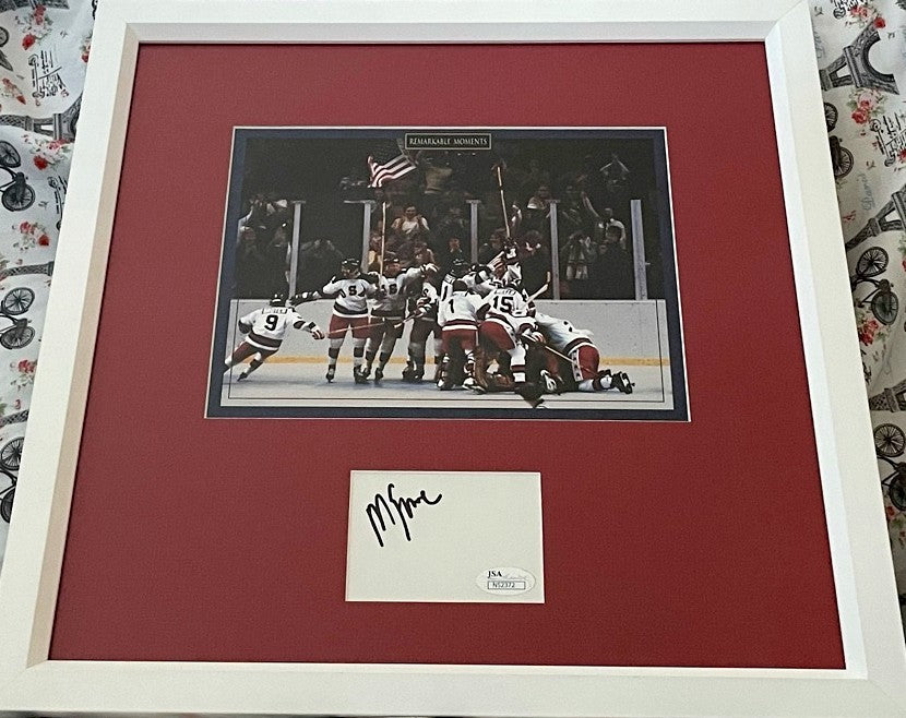 Mike Eruzione autograph framed with 1980 Miracle on Ice USA Olympic Hockey Team celebration photo JSA