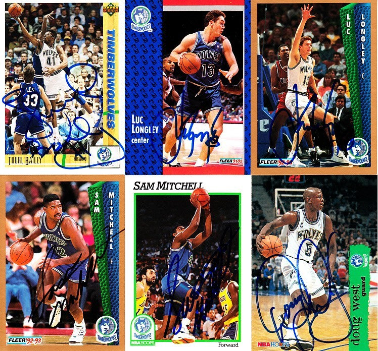 6 Minnesota Timberwolves autographed 1990s cards (Thurl Bailey Luc Longley Sam Mitchell Doug West)