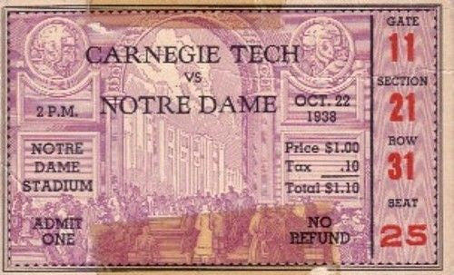 1938 Notre Dame vs Carnegie Tech college football ticket stub (Elmer Layden)
