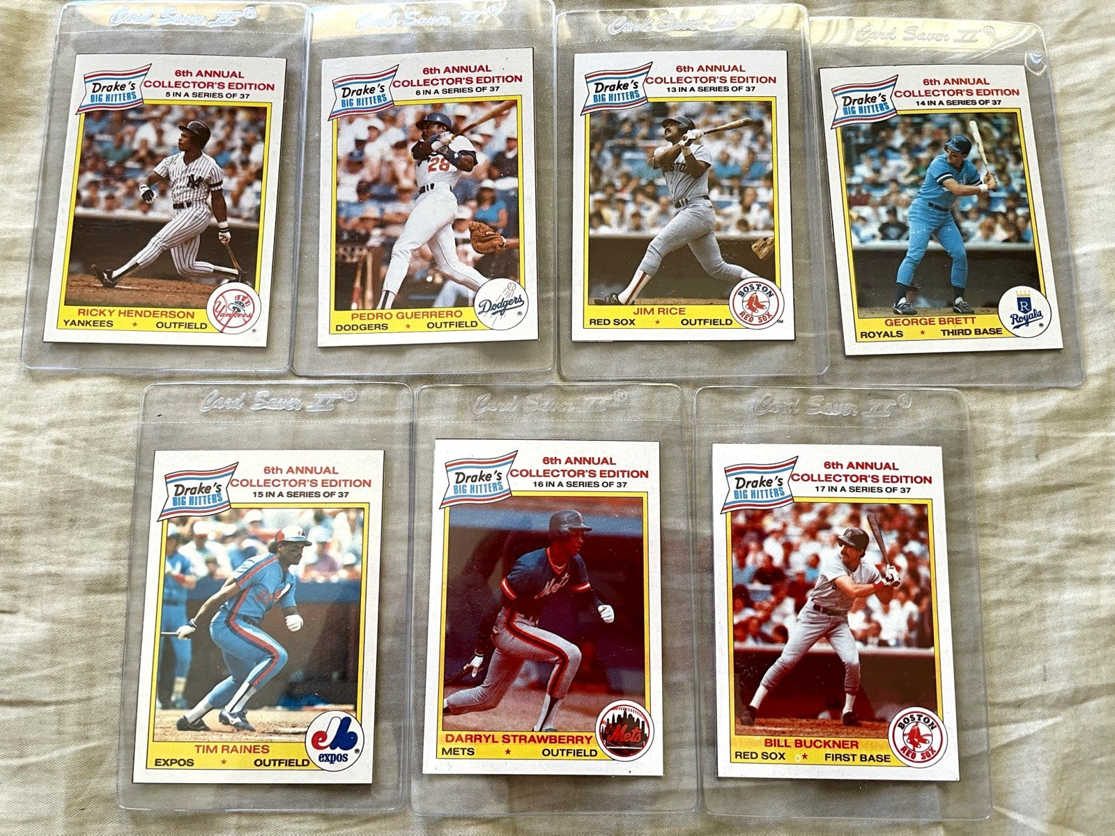 1986 Drake's Big Hitters lot of 7 baseball cards (George Brett Rickey Henderson Tim Raines Jim Rice)