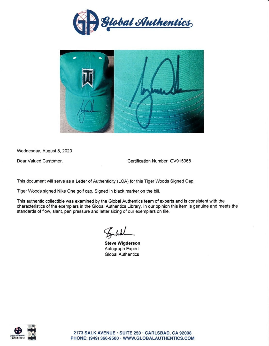 Tiger Woods autographed TW logo Nike One teal green golf cap or hat