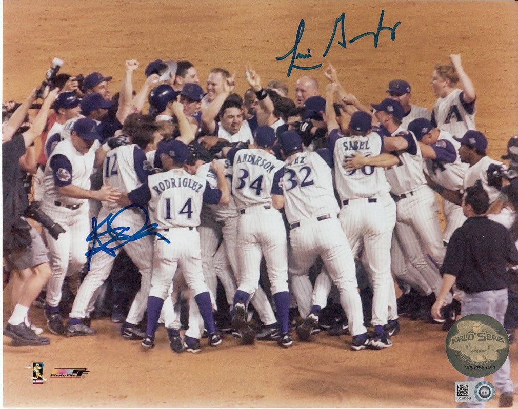 Luis Gonzalez and Steve Finley autographed Arizona Diamondbacks 2001 World Series celebration 8x10 photo