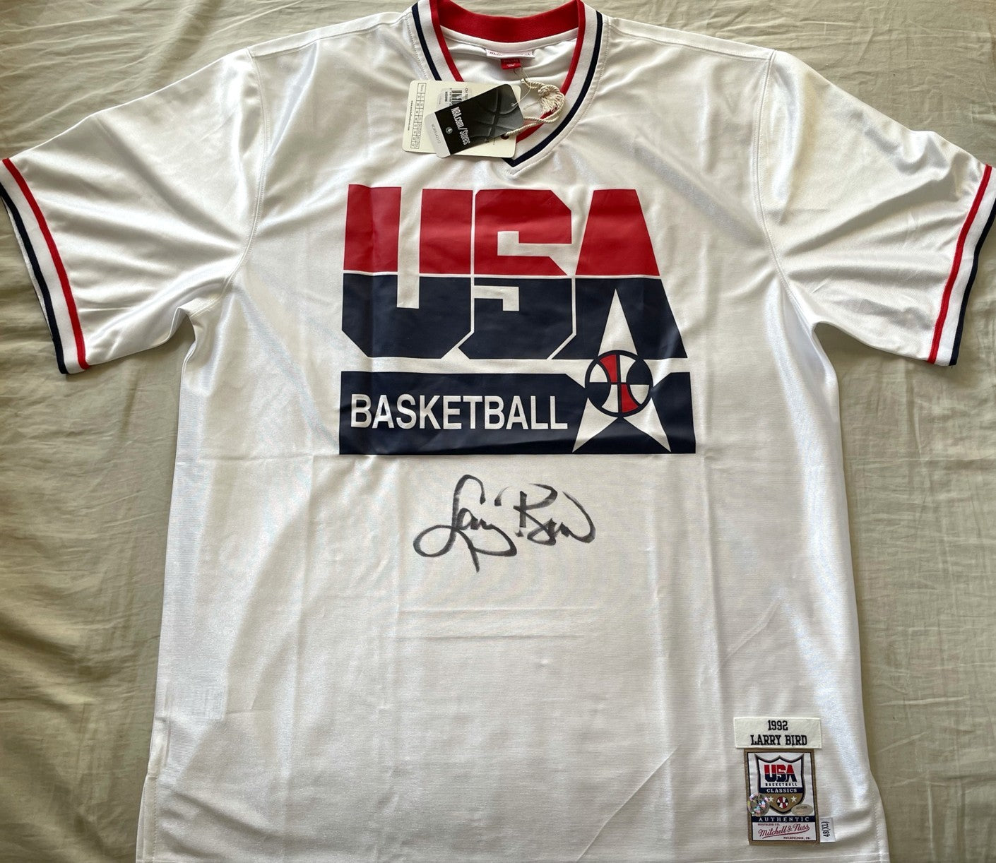 Larry Bird autographed 1992 USA Dream Team Mitchell and Ness warmup jersey or shooting shirt (Schwartz)