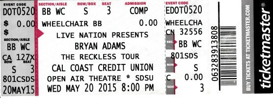 Bryan Adams The Reckless Tour 2015 concert ticket