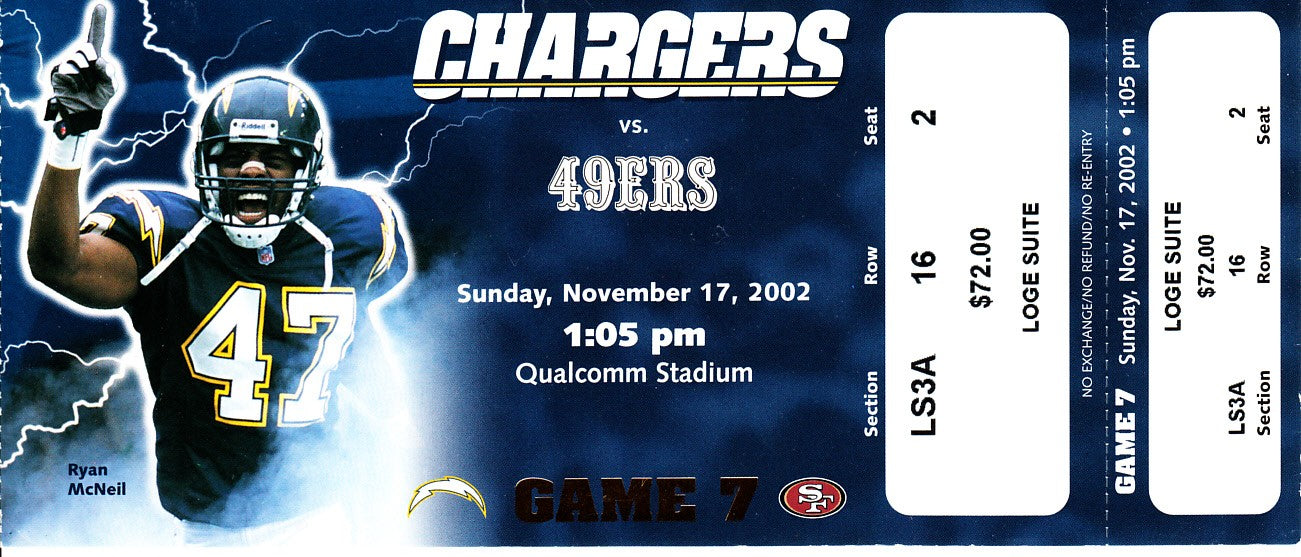 2002 San Diego Chargers vs San Francisco 49ers full unused ticket (Drew Brees career passing game)