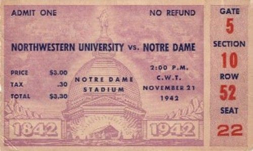 1942 Notre Dame vs Northwestern college football ticket stub (Frank Leahy)