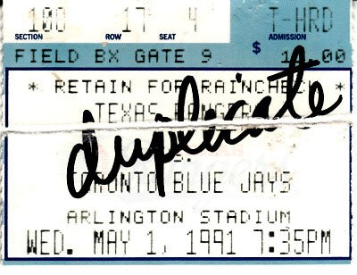 Nolan Ryan 7th No-Hitter May 1 1991 Rangers vs. Blue Jays ticket stub (torn in half)