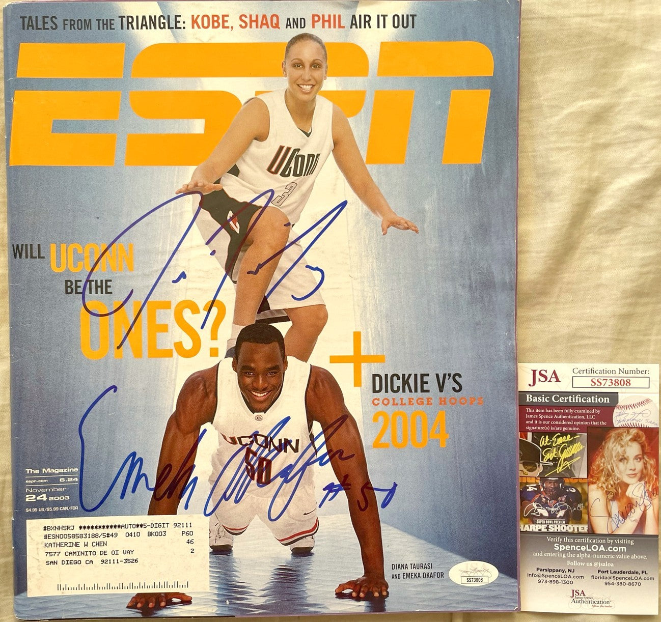 Emeka Okafor and Diana Taurasi autographed UConn Huskies 2003 ESPN Magazine JSA