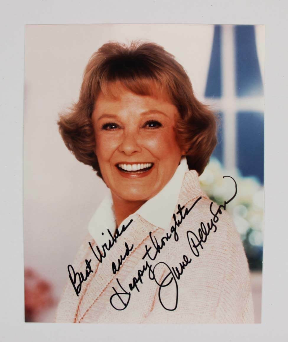 June Allyson autographed 8x10 color photo inscribed Best Wishes and Happy thoughts