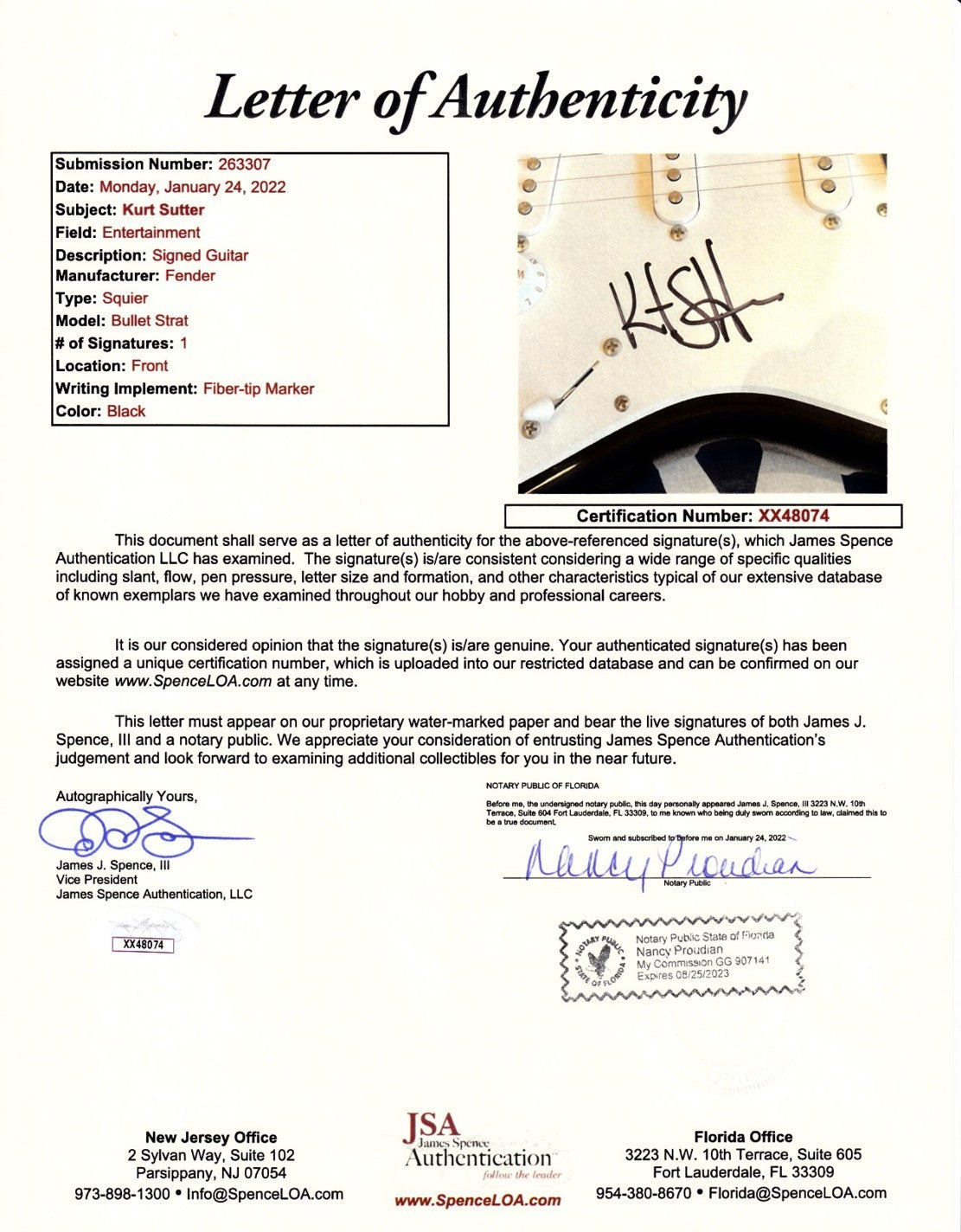 Kurt Sutter autographed Sons of Anarchy Fender Bullet black electric guitar (JSA)