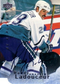 Randy Ladouceur certified autograph Anaheim Ducks 1995-96 Be A Player card